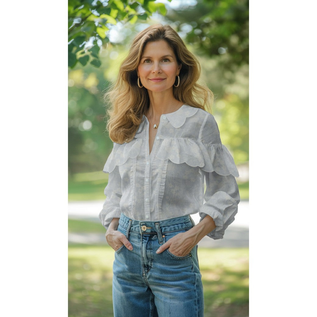 Engelsk Blonde Bomull - Blomster Brodert