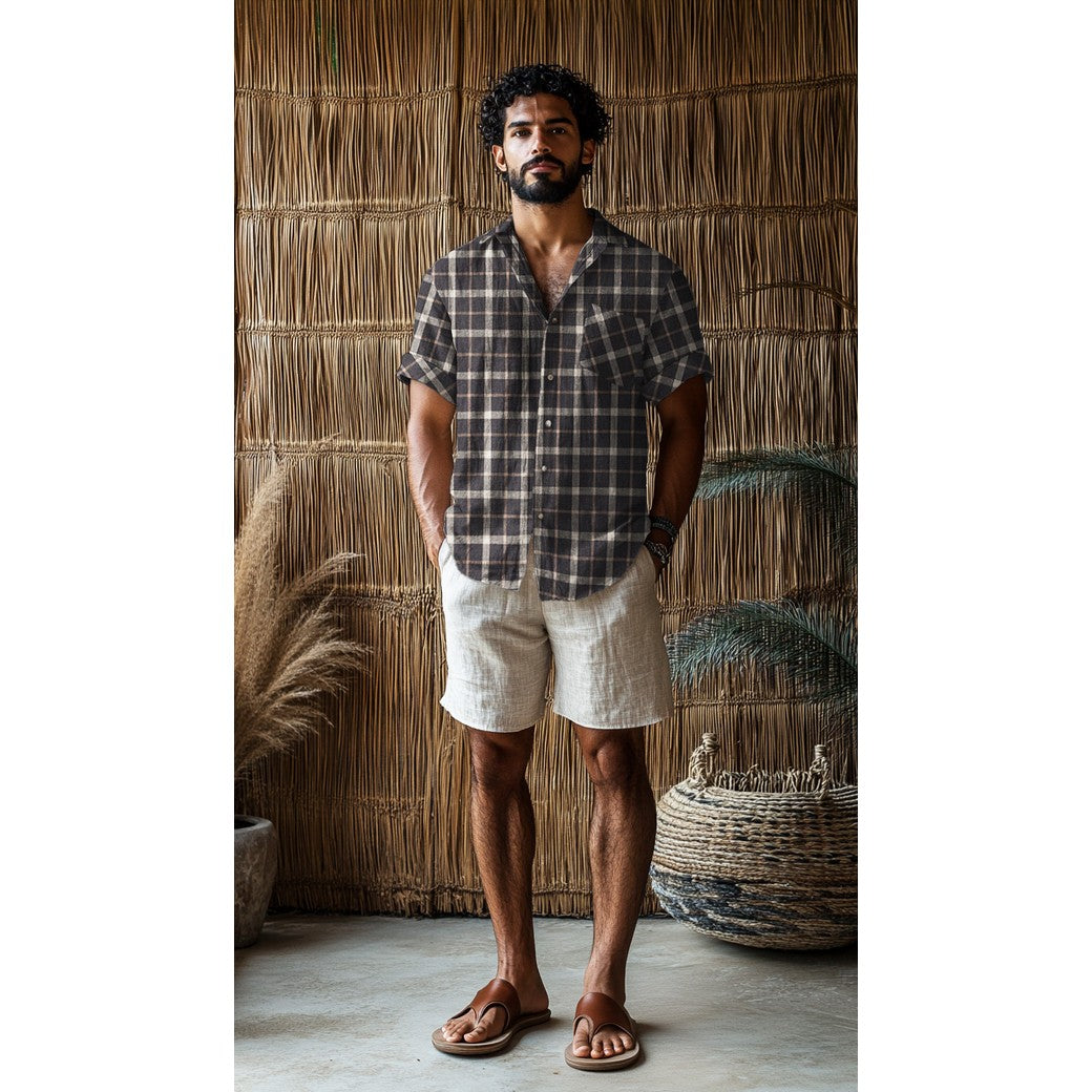 Linen Viskose Yarn Dyed - Ruter, Brun