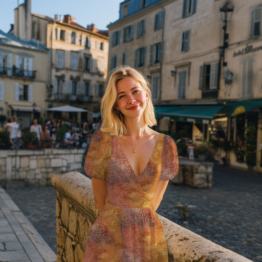 Vevd Viskose - Batikk, gul og oransje