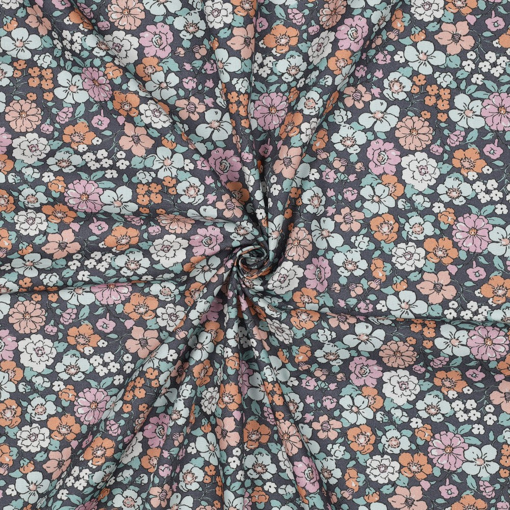 Poplin Bomull - Retro blomster, Mørk Blå