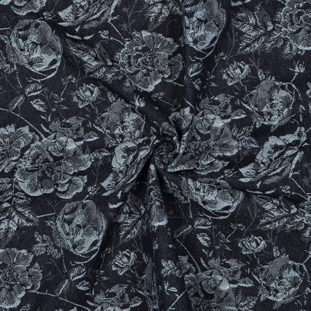 Denim Jacquard - Blomster, Jeansblå