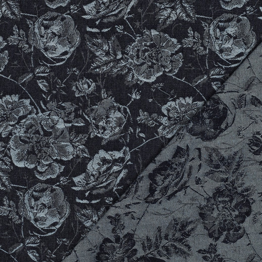 Denim Jacquard - Blomster, Jeansblå