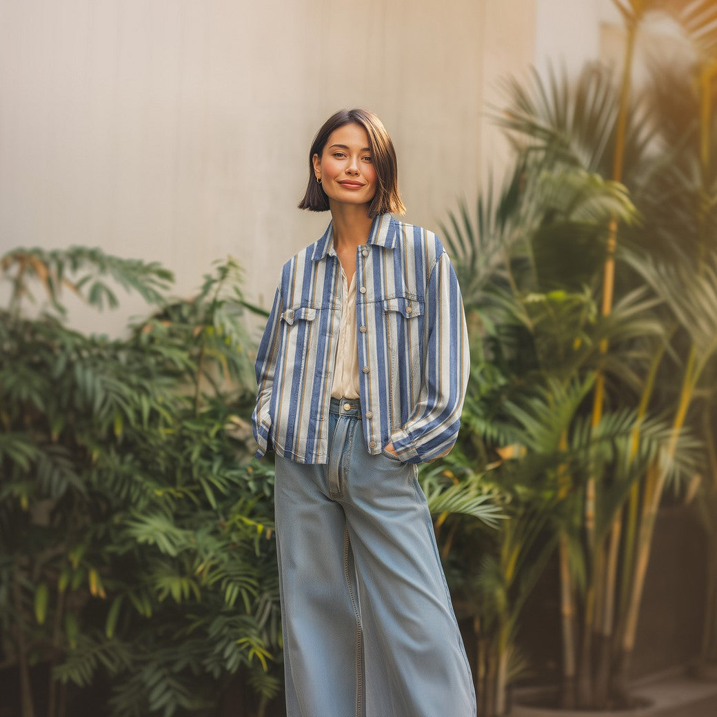 Tynn Denim/Jeans Viskose Stripet - Lys Blå og Rosa