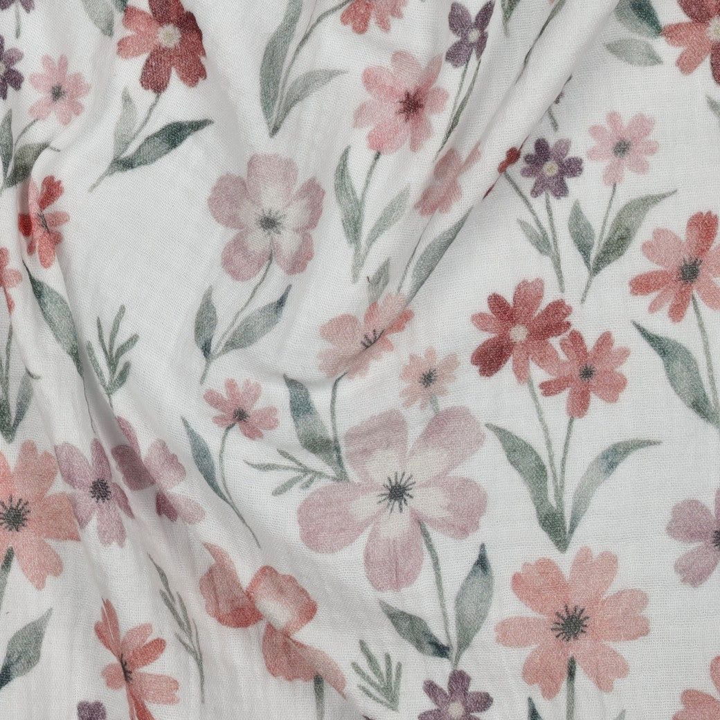 Musselin - Digital Blomster hvit