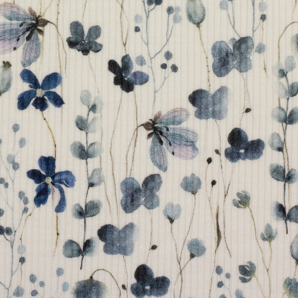 Ribbet Jersey - Søte Blomster, Offwhite Blå