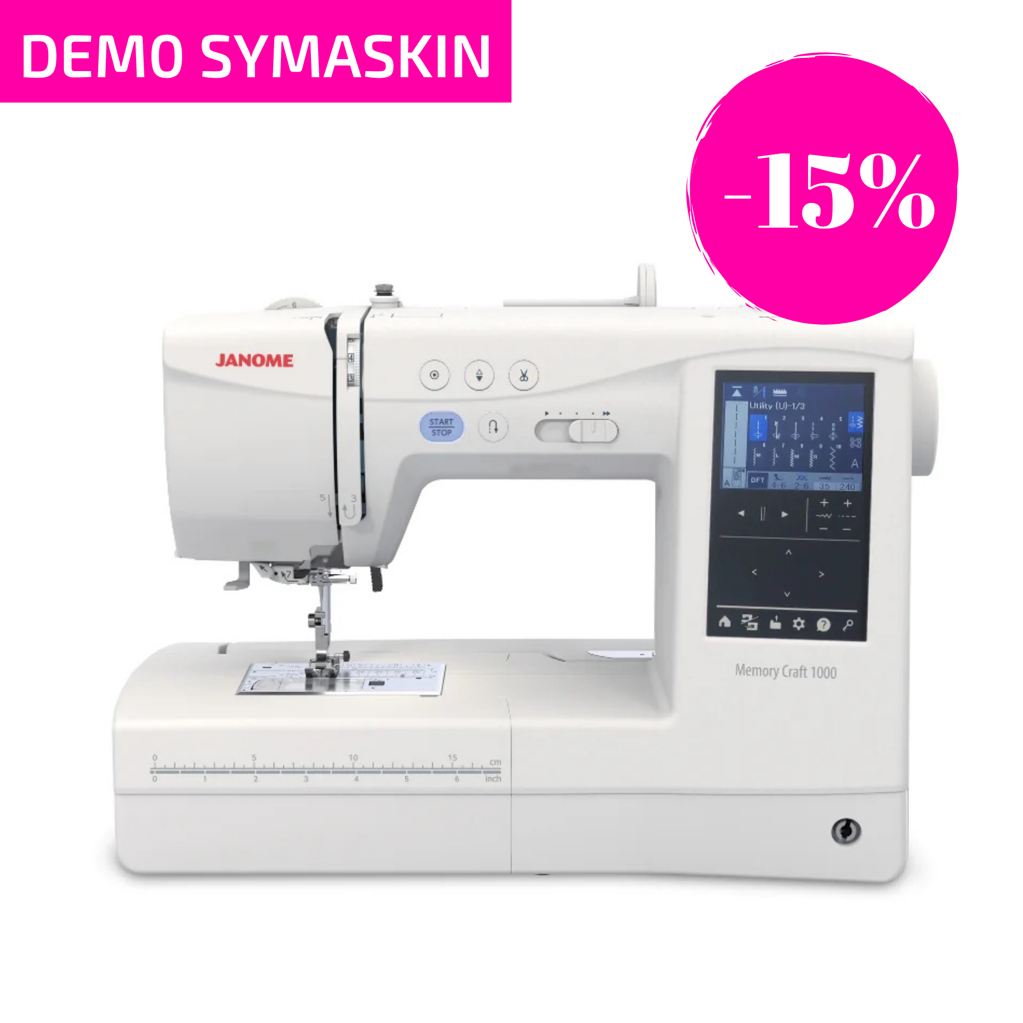 TILBUD Utstillingsmodell! Janome Memory Craft 1000 Silky White Sy og Broderimaskin