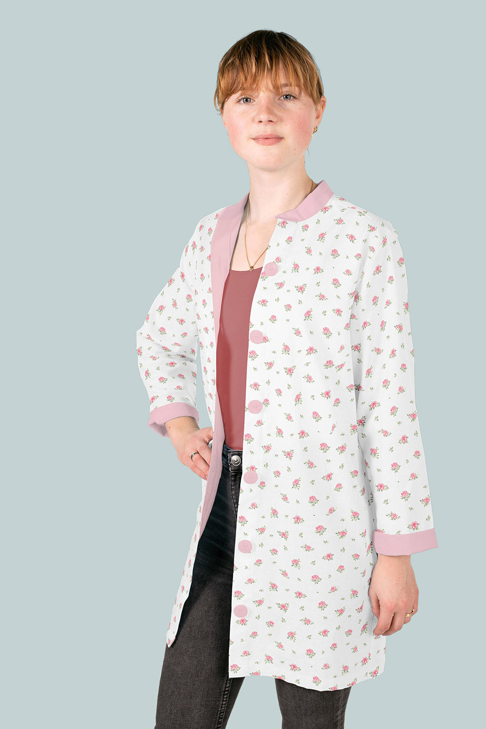 Poplin Bomull - Roses Blomster, Offwhite og Rosa