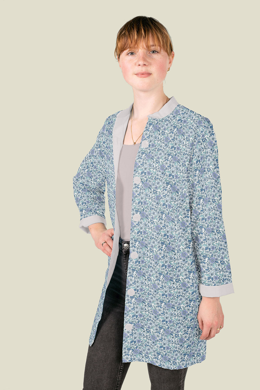 Poplin Bomull - Roses Line Blomster, Offwhite og Blå