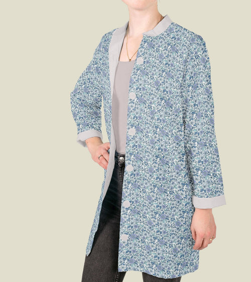 Poplin Bomull - Roses Line Blomster, Offwhite og Blå