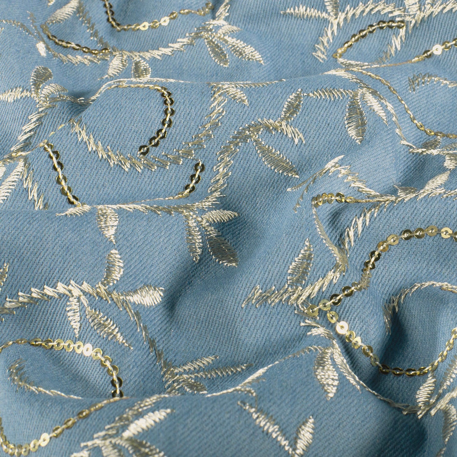 Denim Jacquard - Broderi gull blad lys blå