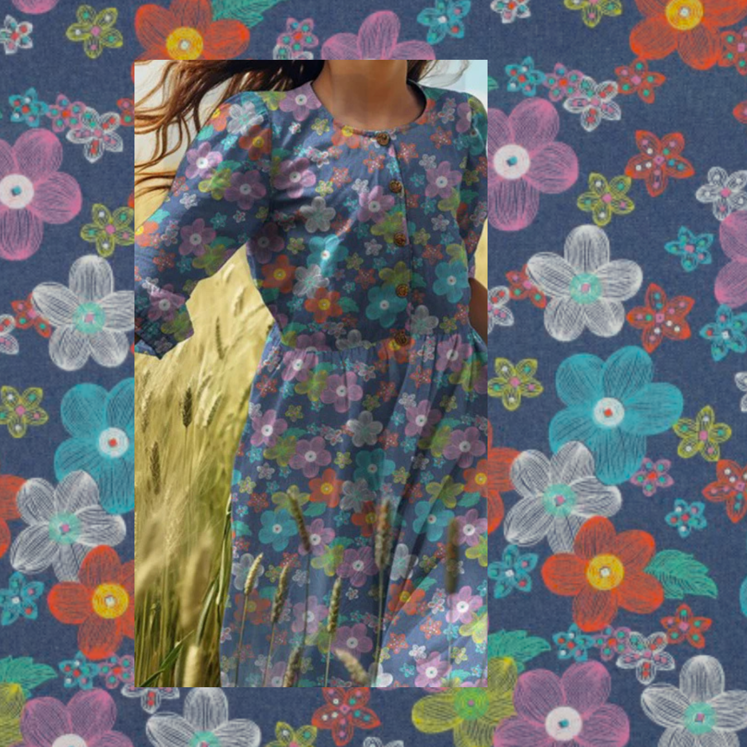 Tynn denim - Blomster, Indigo Blå