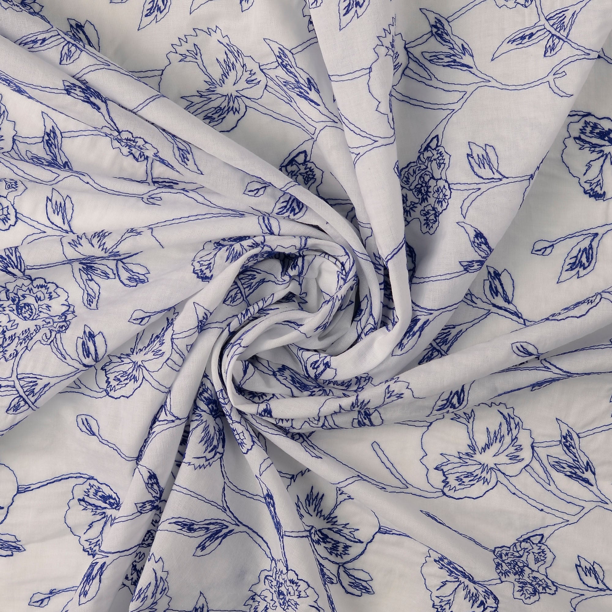 Beklednings Bomull - Vintage Seersucker - blå blomster hvit