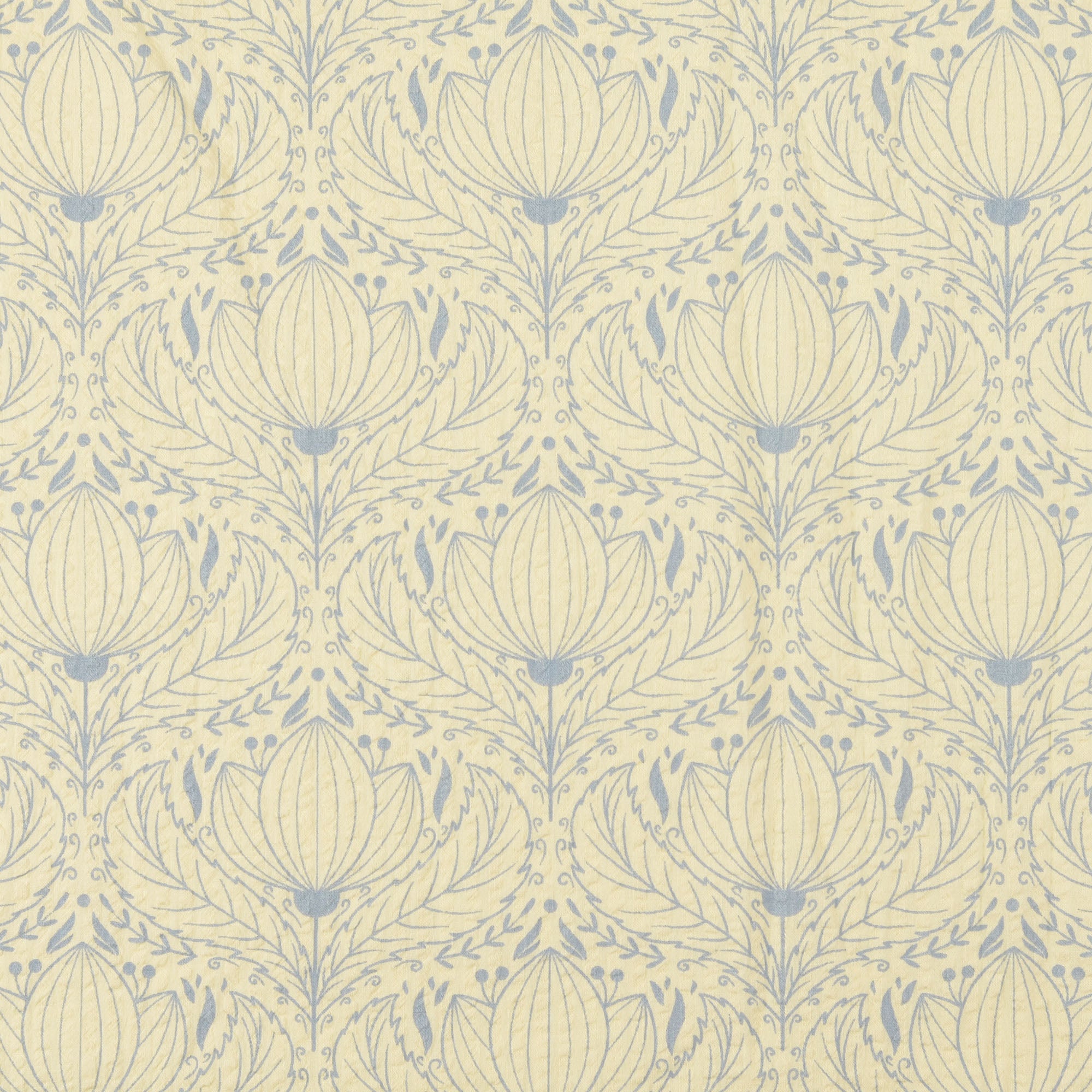 Beklednings Bomull - Vintage Seersucker Blomster, Beige og Lys Blå