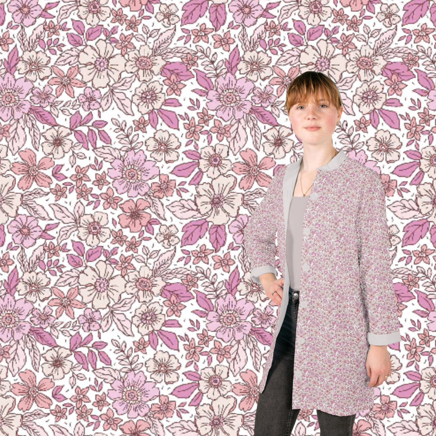 Poplin Bomull - Roses Line Blomster, Offwhite og Rosa