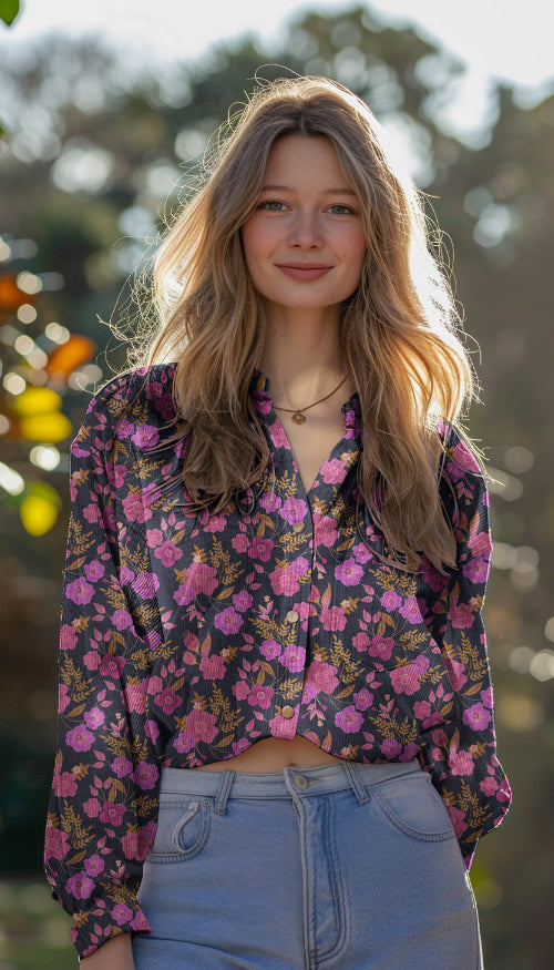 Baby Kordfløyel - Rosa Blomster mørk blå