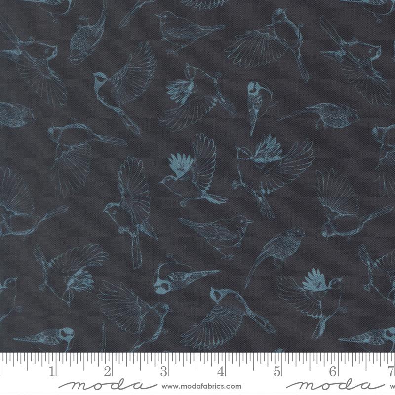 Bomull - Moda Feather and Forest Bloom fugler midnight blå
