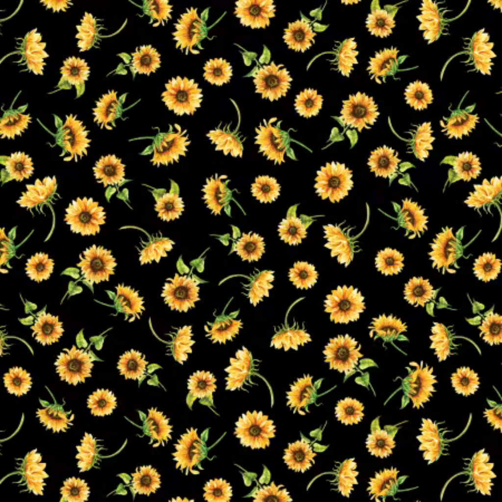 Bomull - Solsikker Blomster svart