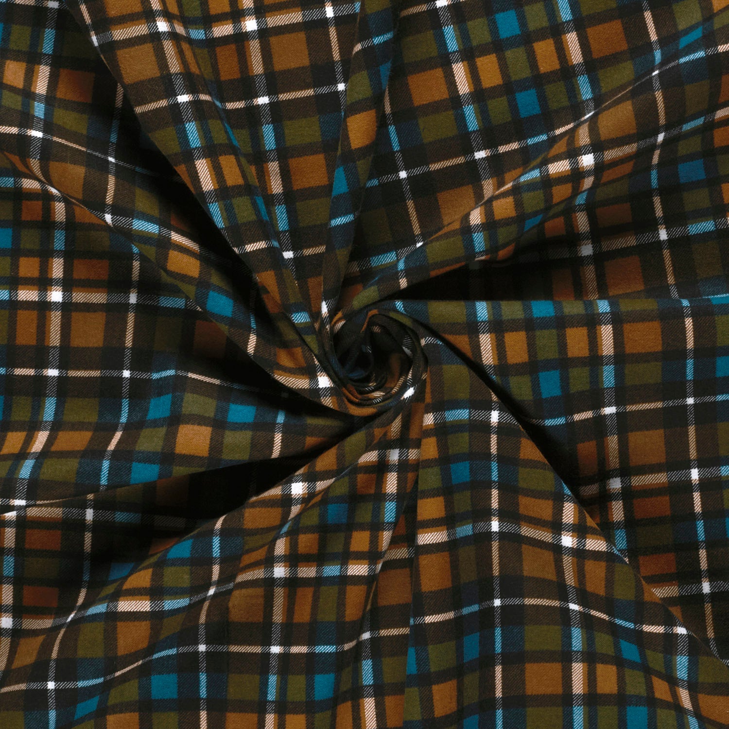 Bomullsflanell - Rutete Brun, turkis og oker