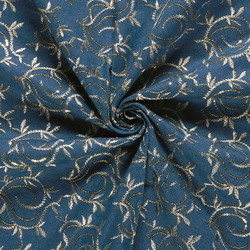 Denim Jacquard - Broderi Gull Blad, Mellom Blå