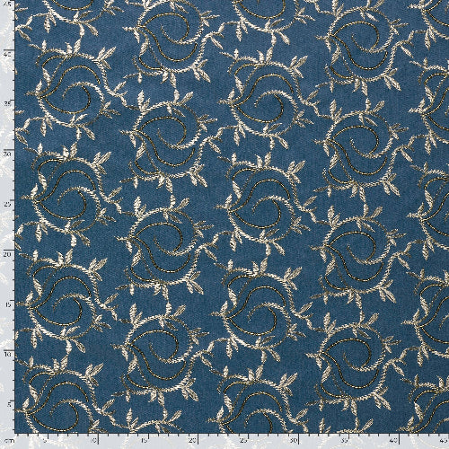 Denim Jacquard - Broderi Gull Blad, Mellom Blå