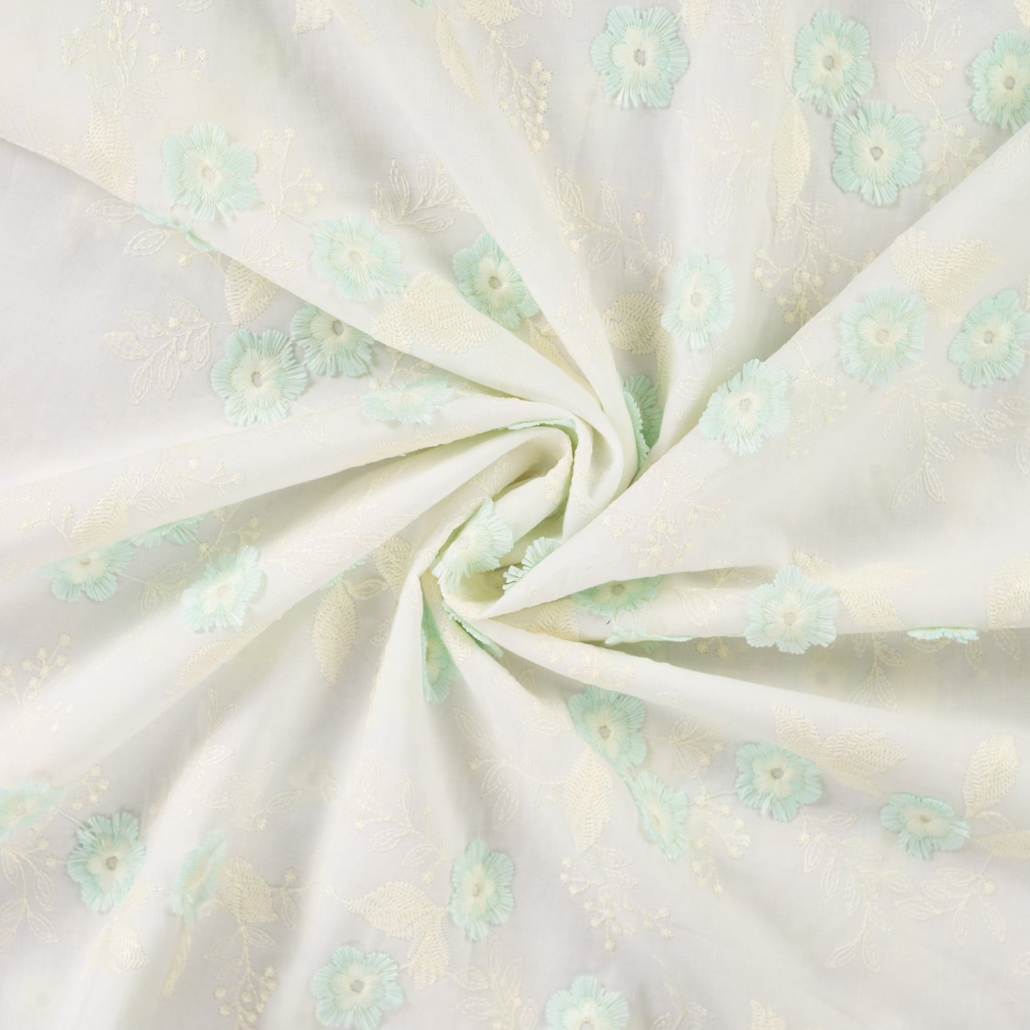 Engelsk Blonde Bomull - Blomster brodert mint