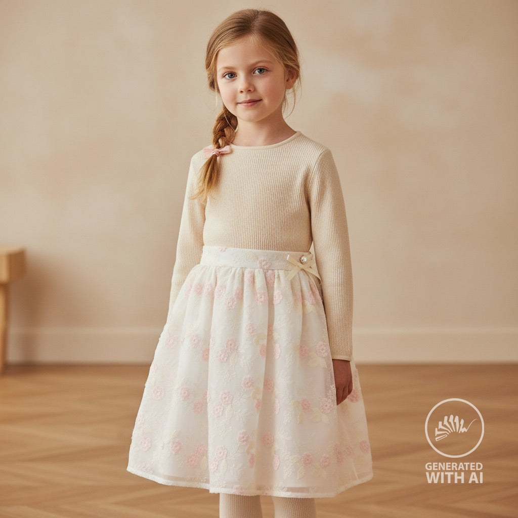 Engelsk Blonde Bomull - Rosa Blomster brodert Hvit