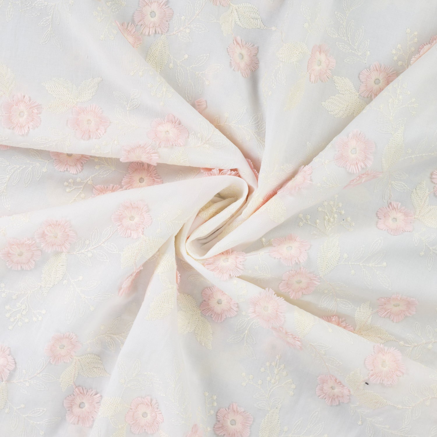 Engelsk Blonde Bomull - Rosa Blomster brodert Hvit