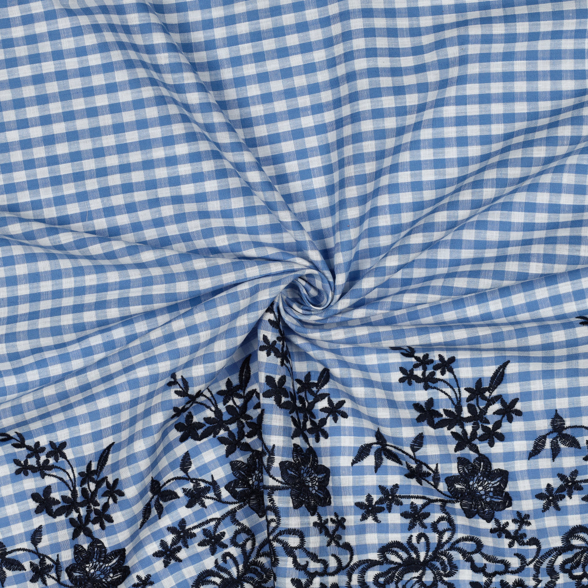 Fast bomull - Gingham Lillemartine - Blå med broderi