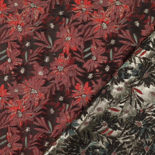 Jacquard - Blomster, Svart og Vinrød