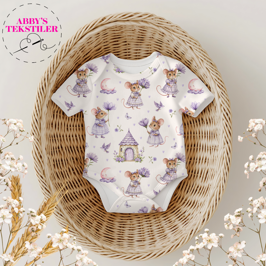 Jersey - Lilla Mus og blomster Offwhite
