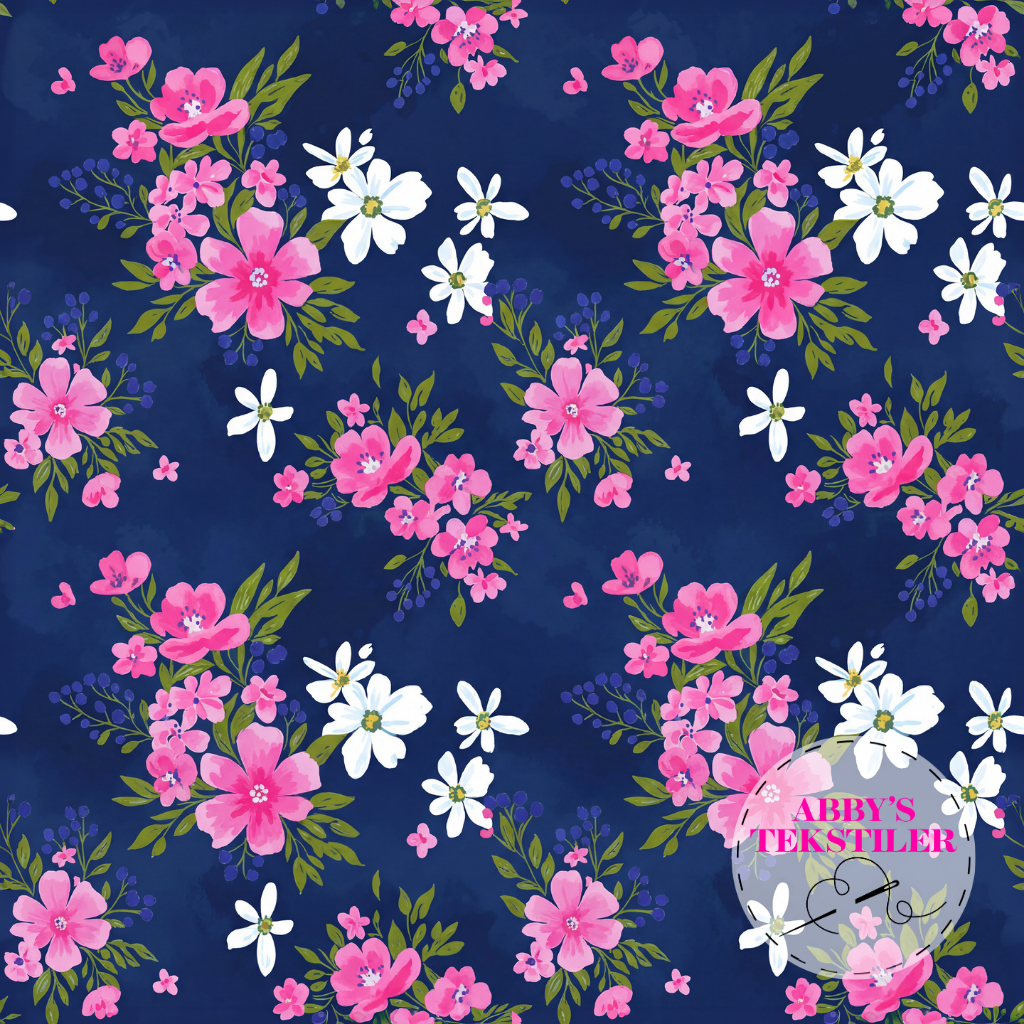 Jersey - Rosa Blomster, mørk blå