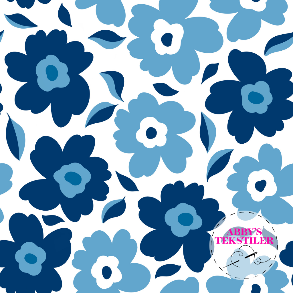 Jersey - Pop Blomster, Blå på hvit