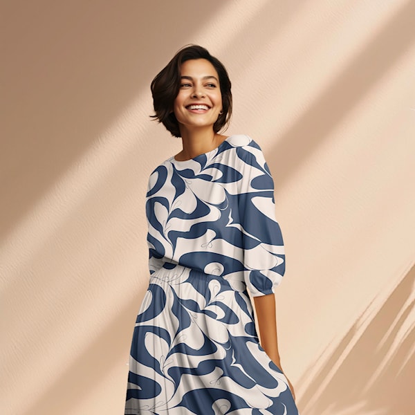 Light & Lush Twill Vevd Viskose - Blå og hvit