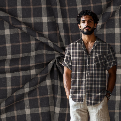 Linen Viskose Yarn Dyed - Ruter, Brun