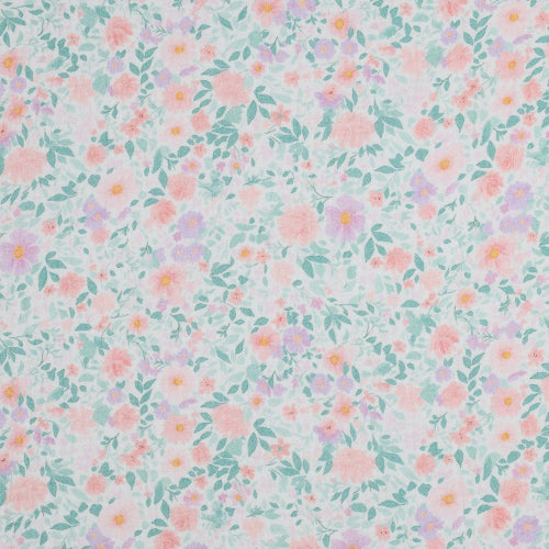 Musselin - Hvit med pastell blomster