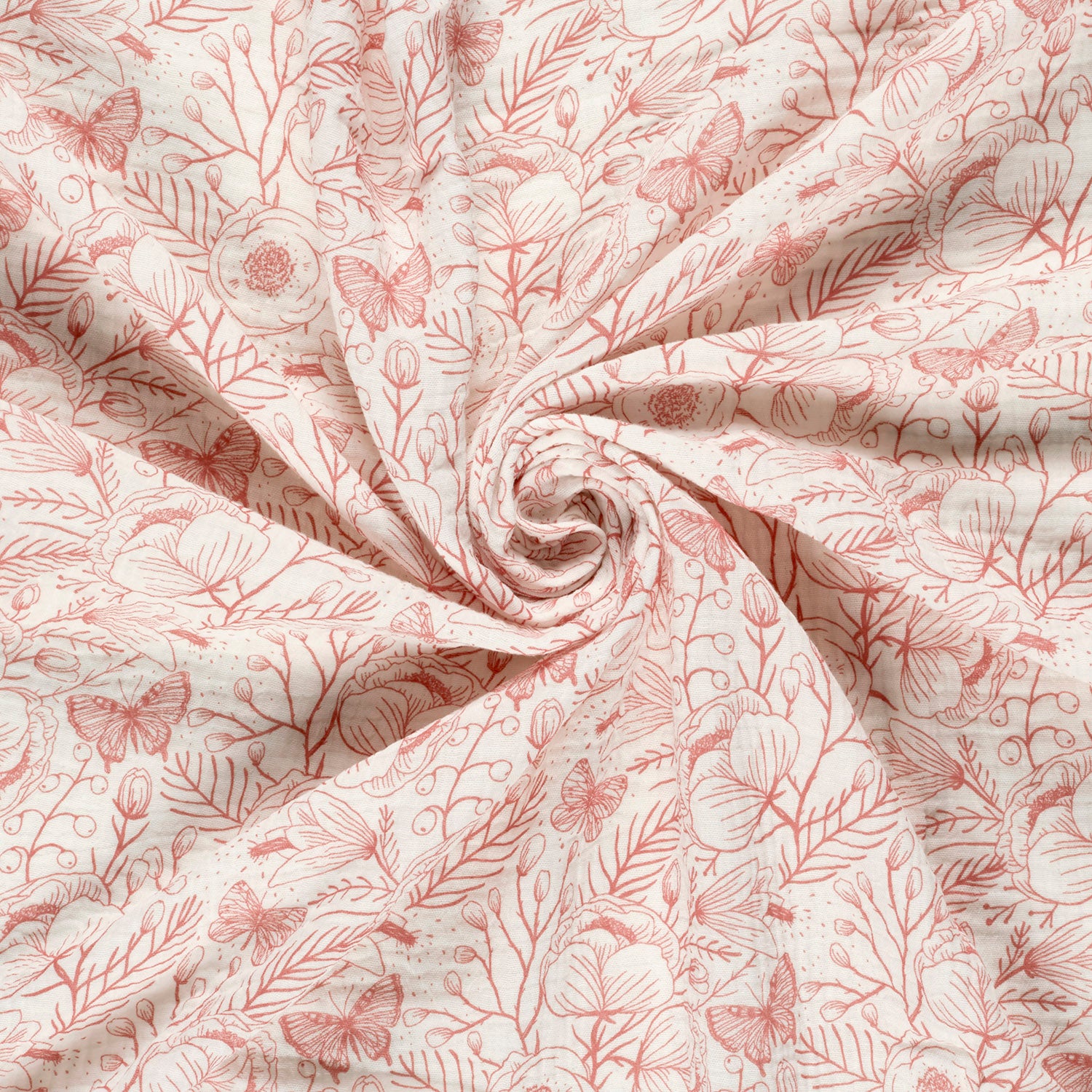 Musselin Bomull - sommerfugler og blomster, offwhite