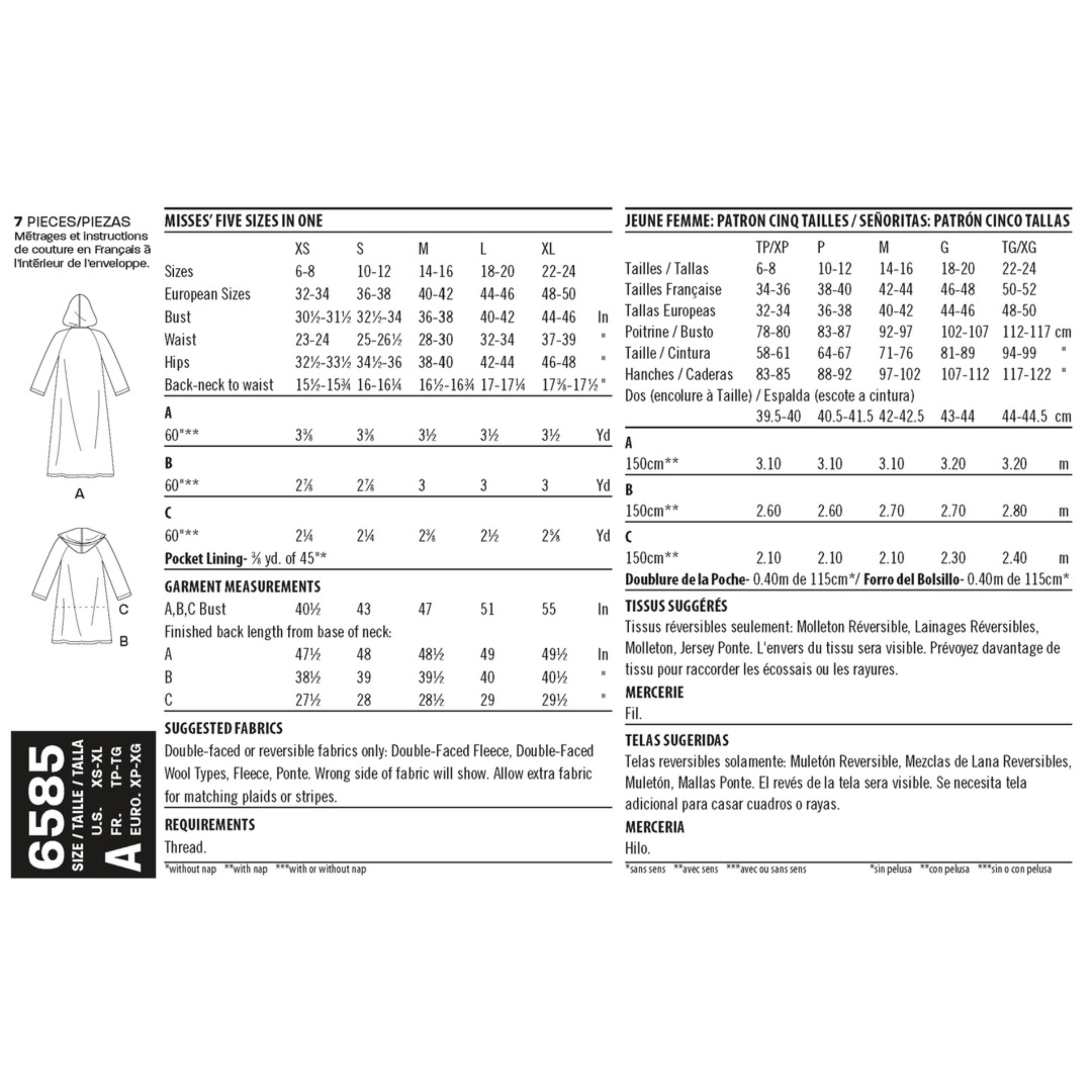 New Look - 6585 Dame Lang og kort kåpe med hette og lommer str. XS-XL
