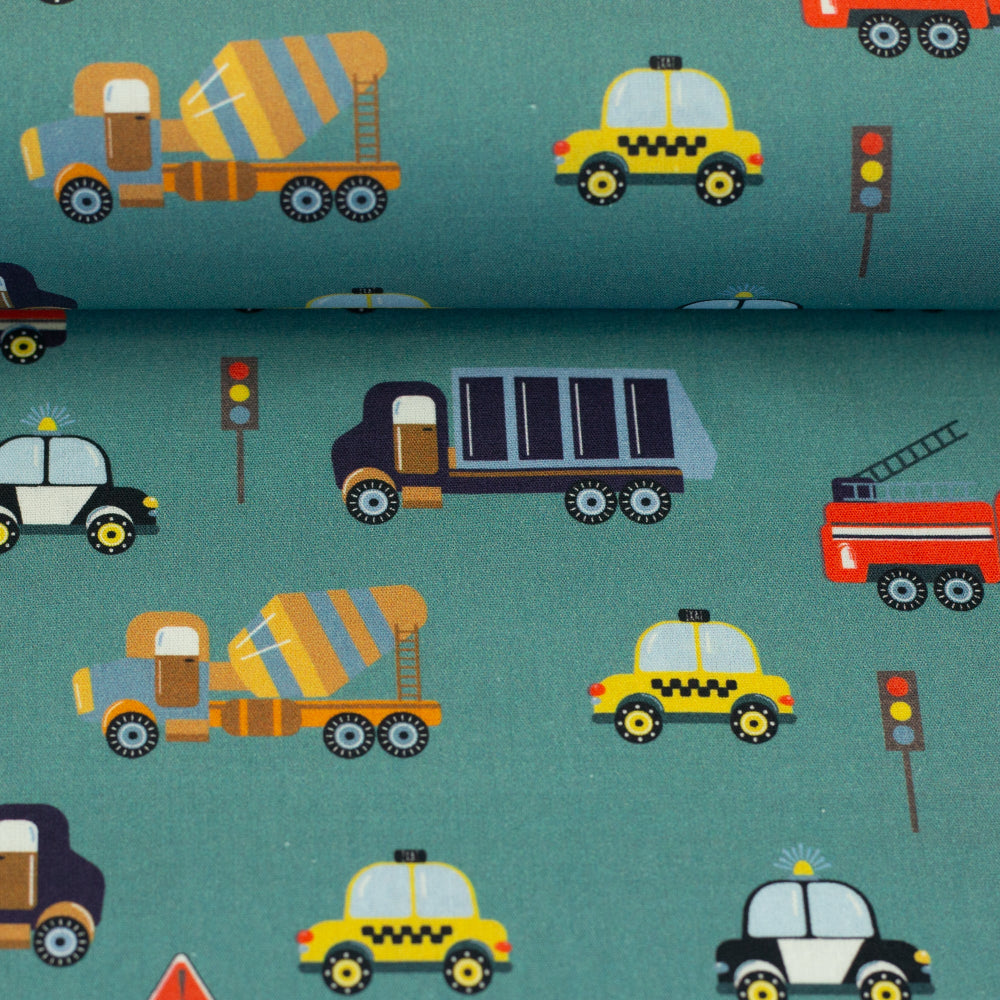 Poplin Bomull - Biler lys petrol