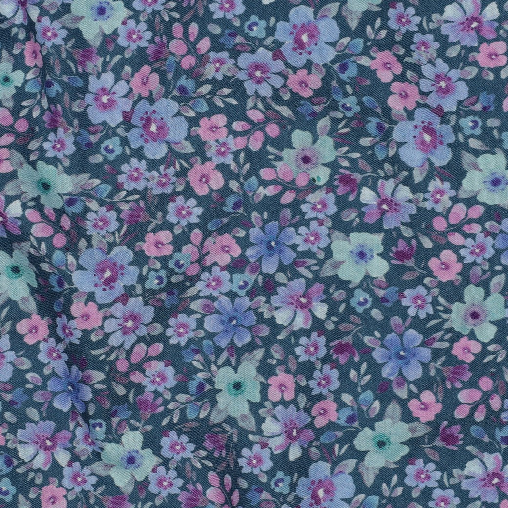 Poplin Bomull - Karma Blomster, petrol