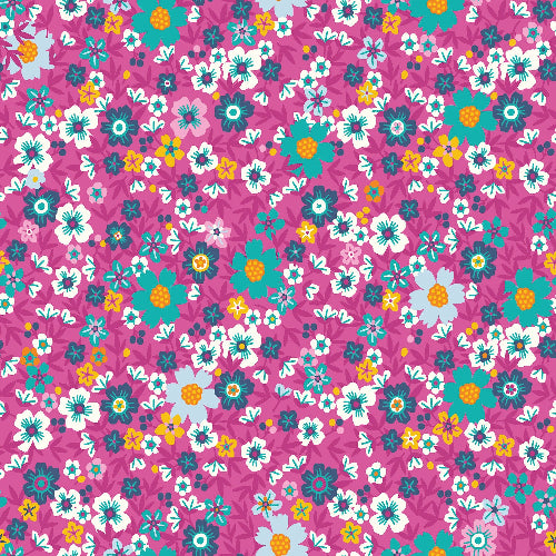 Poplin Bomull - Masse Blomster, Fuksia