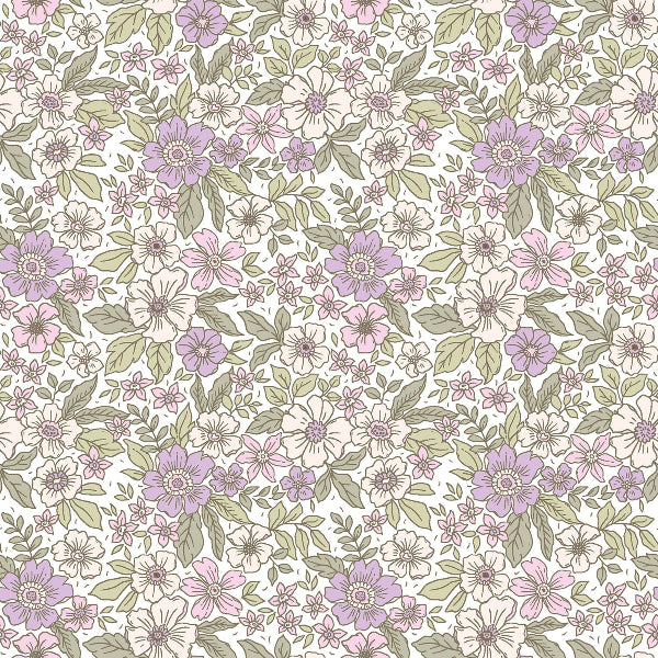 Poplin Bomull - Roses Line blomster, Beige lilla