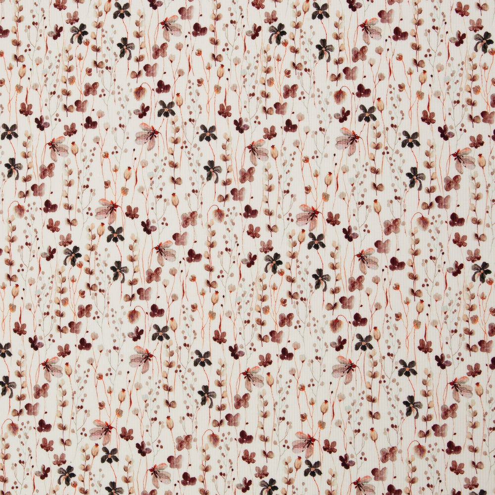 Ribbet Jersey - Søte Blomster, Offwhite Vin Rød