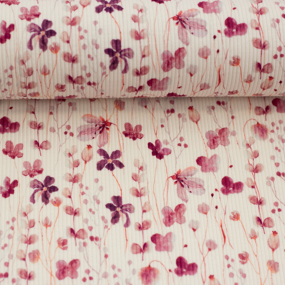 Ribbet Jersey - Søte Blomster offwhite rosa