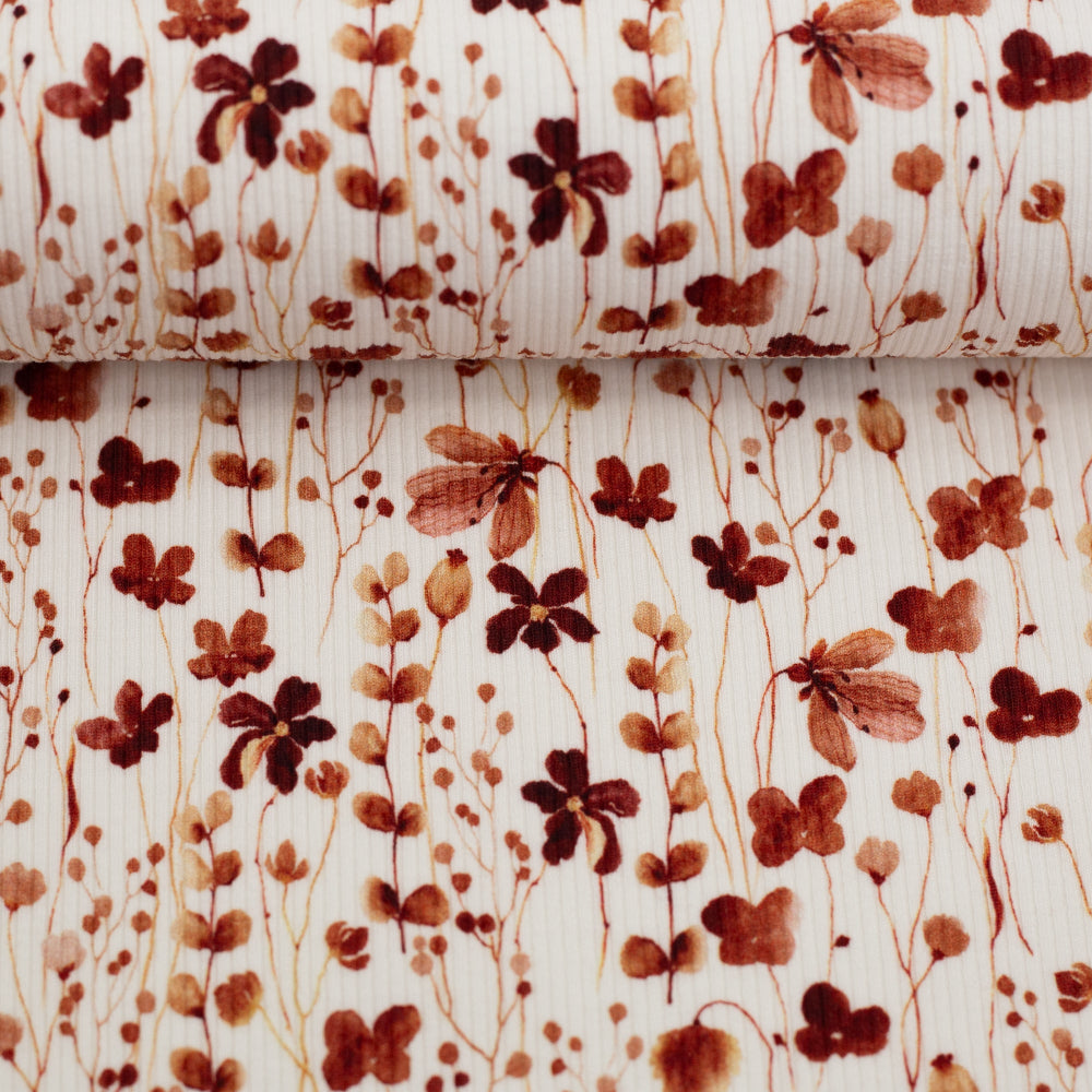 Ribbet Jersey - Søte Blomster offwhite terracota