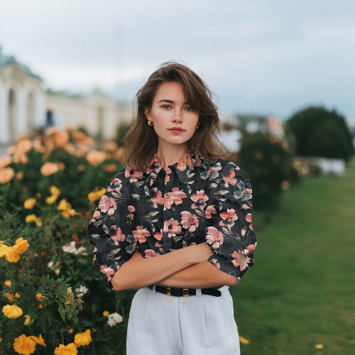 Sateng Bomull - blomster mørk petrol