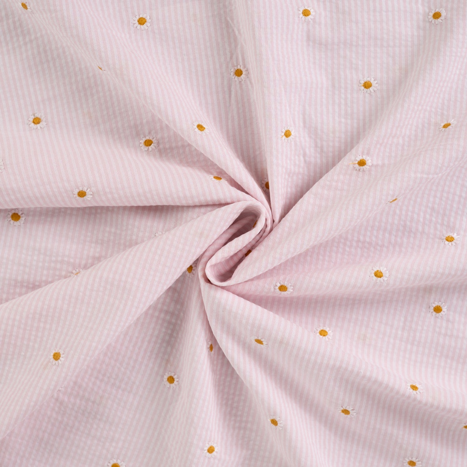 Seersucker Beklednings Bomull - Striper med broderi blomster lys rosa