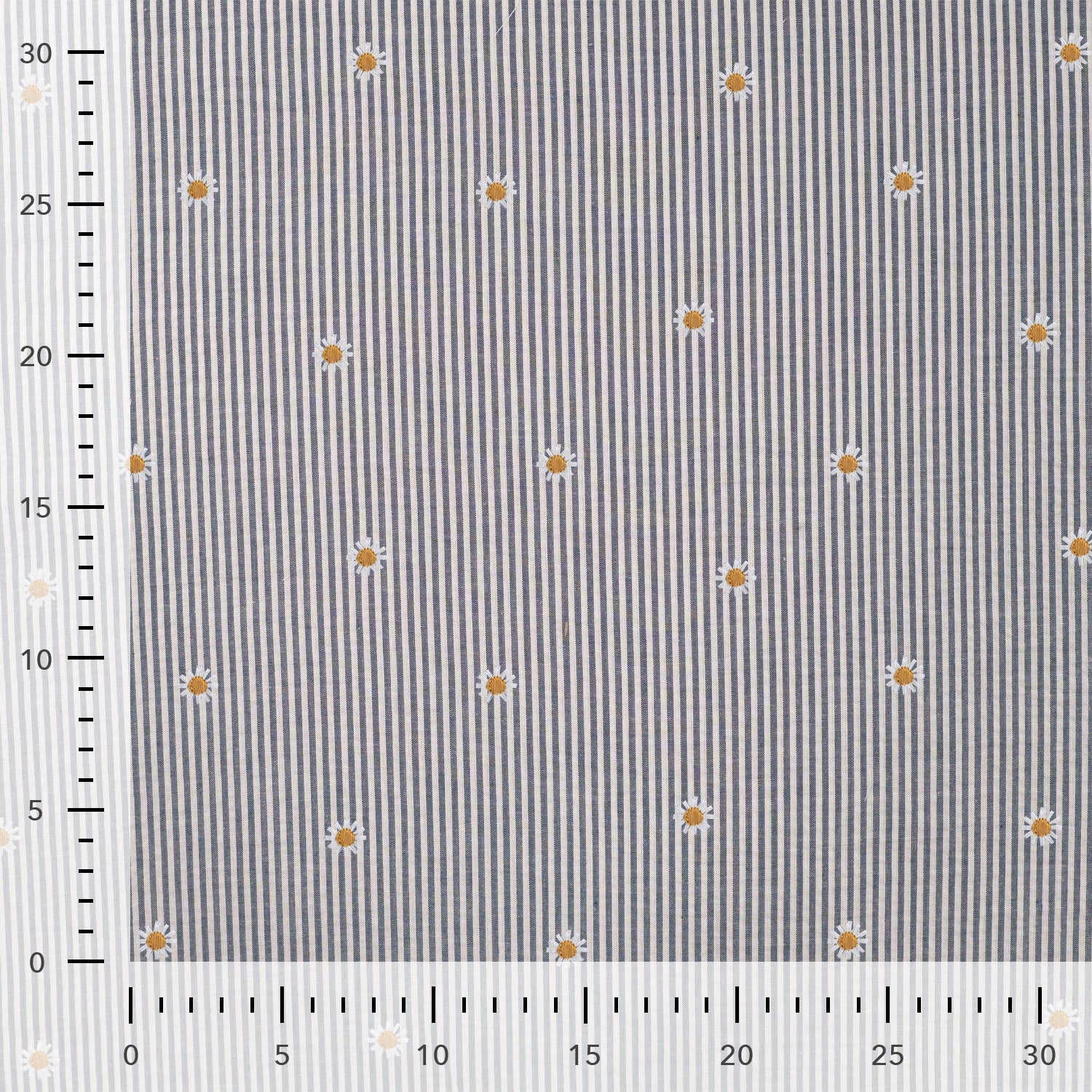Seersucker Beklednings Bomull - Striper med broderi blomster mørk blå