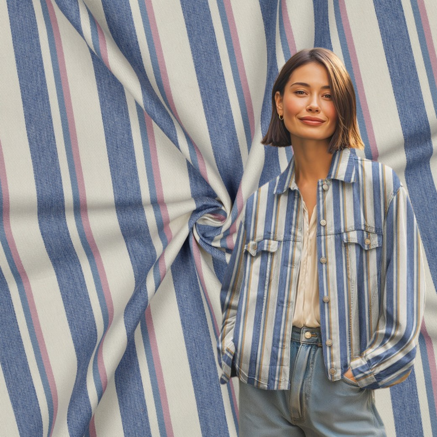Tynn Denim/Jeans Viskose Stripet - Lys Blå og Rosa