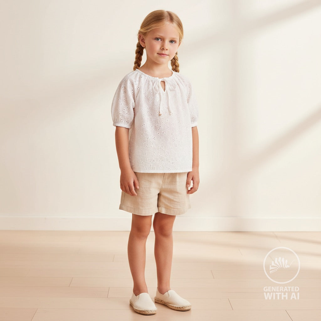 Engelsk Blonde Bomull - Blomster brodert offwhite