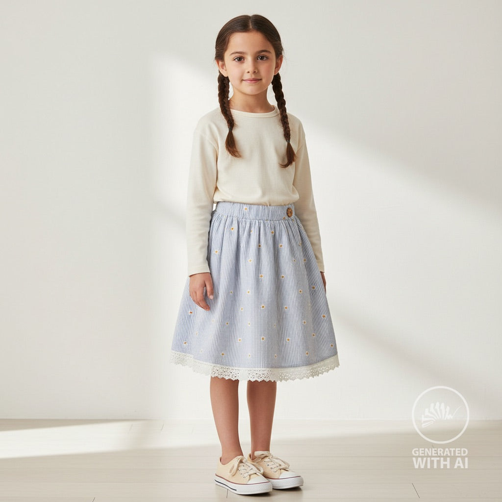 Seersucker Beklednings Bomull - Striper med broderi blomster lys blå